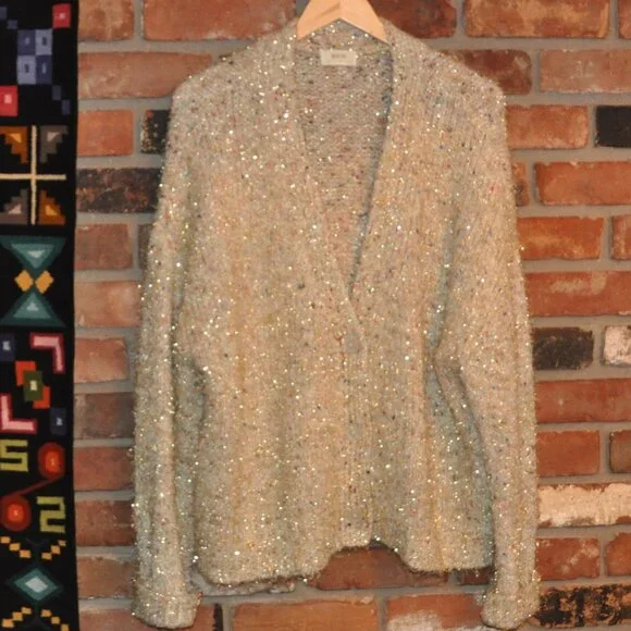 Anthropologie Maeve Twinkle Ivory Gold Tinsel Multicolor Knit Cardigan Sweater - Picture 5 of 9